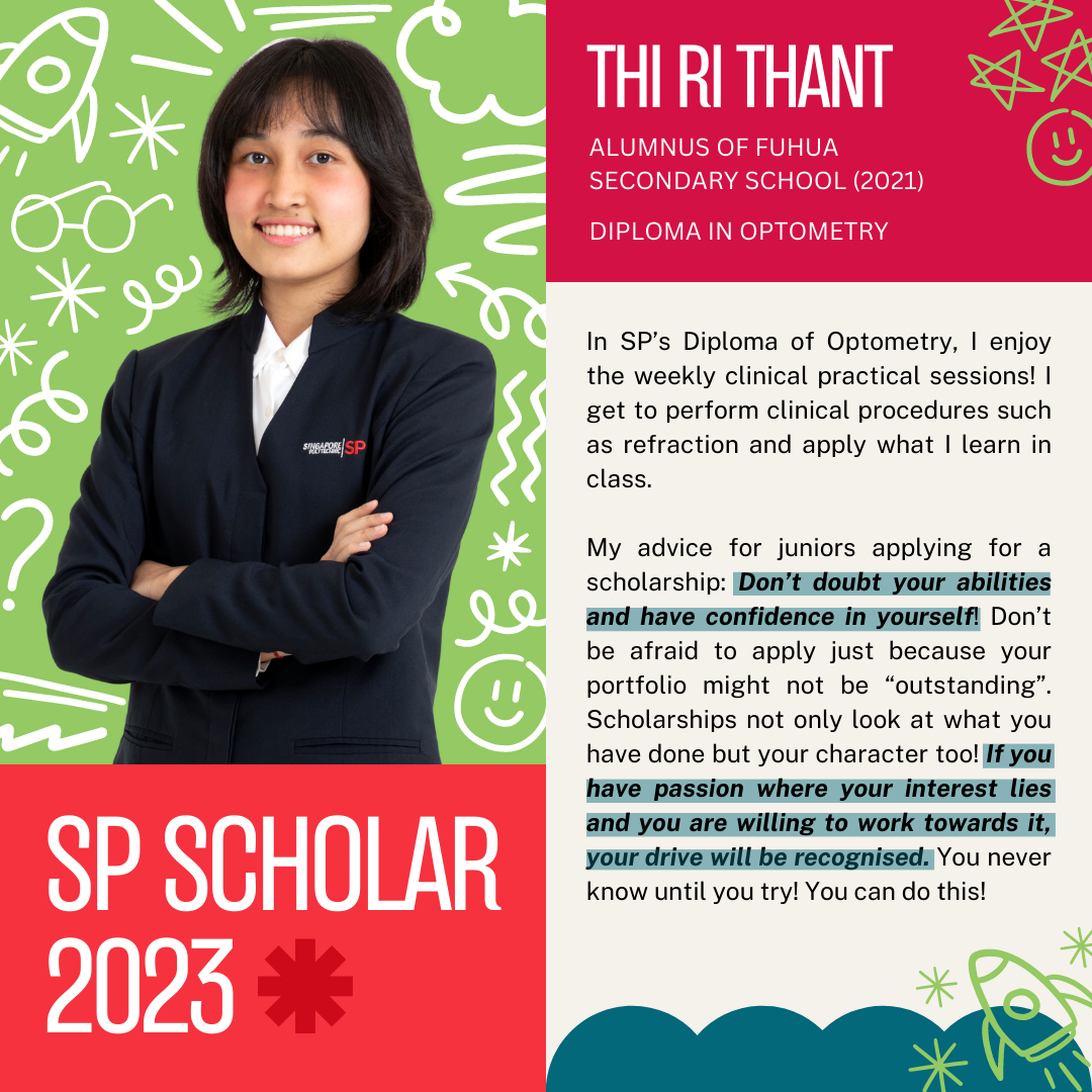 Smiling young woman in a dark blazer with arms crossed, featured as SP Scholar 2023 named Thi Ri Thant.